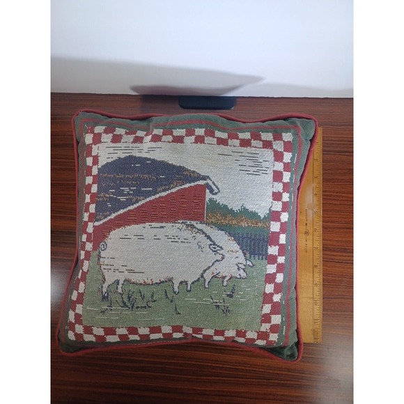 Vintage Farmhouse New Country Gear Pig On Farm Red Plaid Green Pillow - Picture 4 of 11
